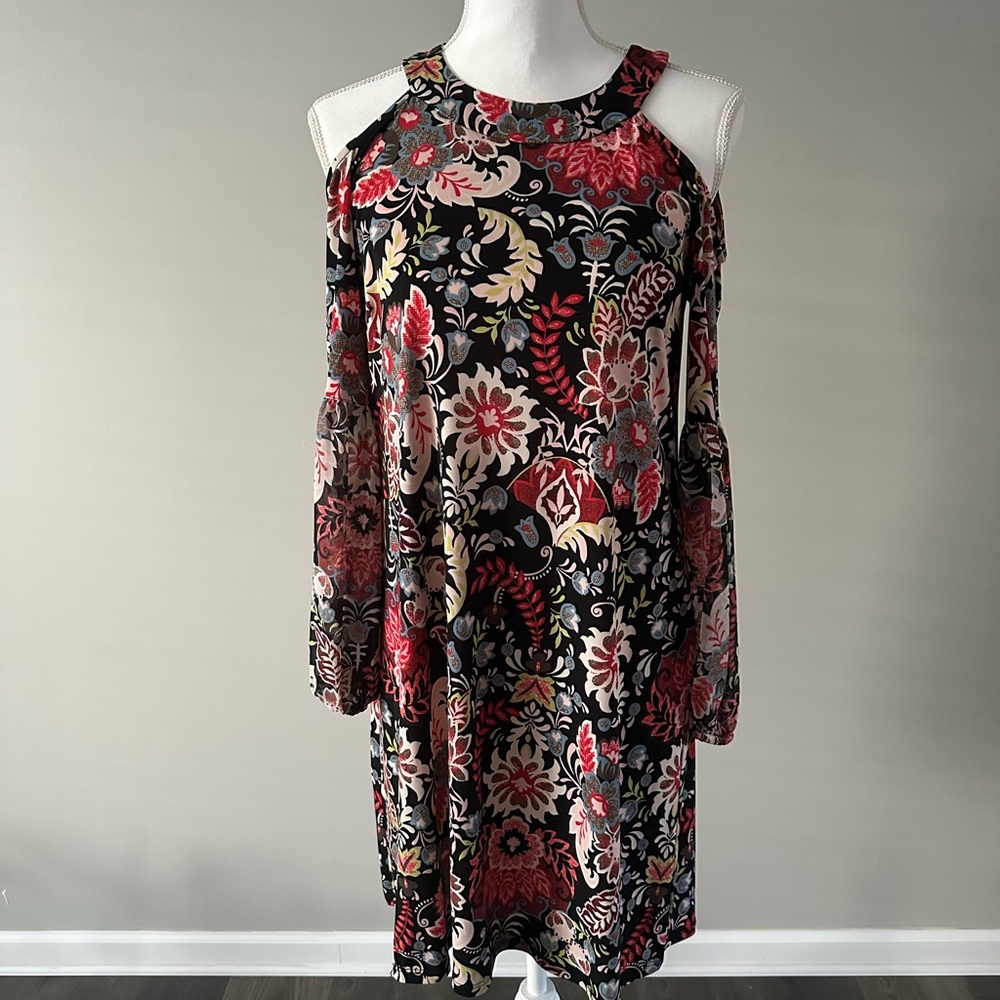 Floral Cold Shoulder Dress - Black and Red